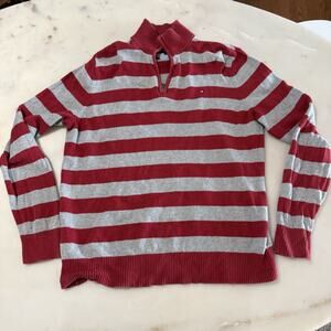 Tommy Hilfiger Men's L/G Red Gray Striped 1/4 Zip Pullover Sweater Mock Neck